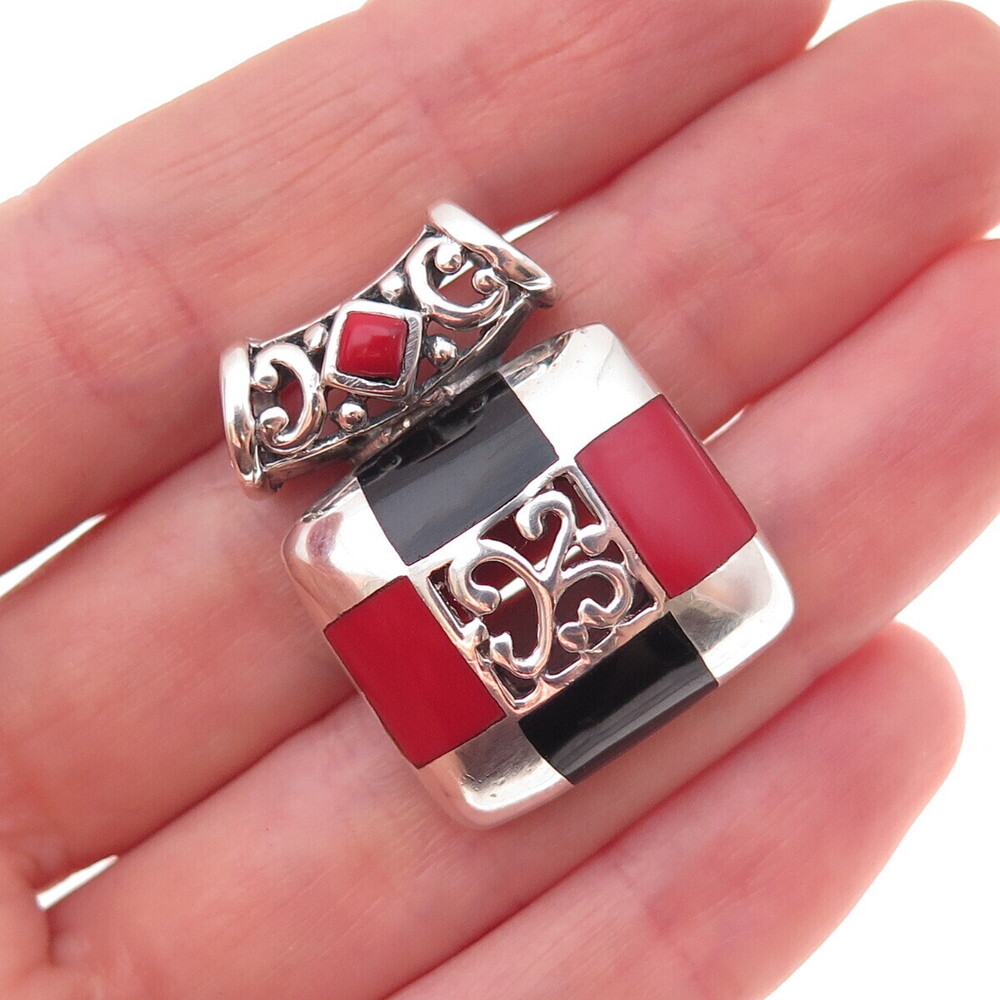 Gold Stone 925 Sterling Silver Vintage Real Coral & Black Onyx Slide Pendant
